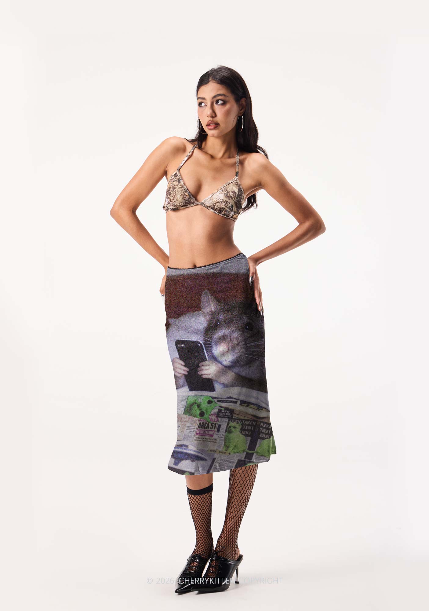 Bed Rat Smartphone Y2K Print Midi Skirt Cherrykitten