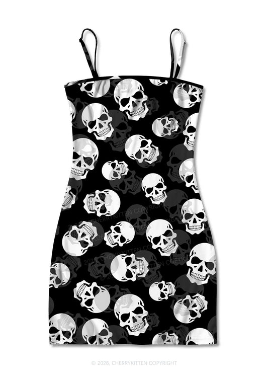Halloween White Skull On Black Y2K Print Slip Dress Cherrykitten
