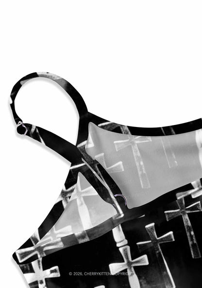 Halloween Silver Cross On Black Y2K Print Slip Dress Cherrykitten