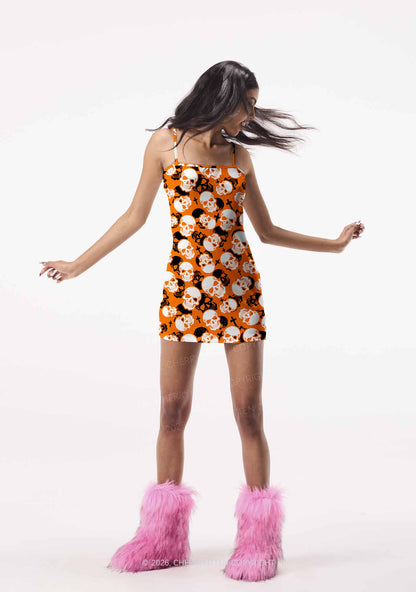Halloween Orange Skull Cross Y2K Print Slip Dress Cherrykitten