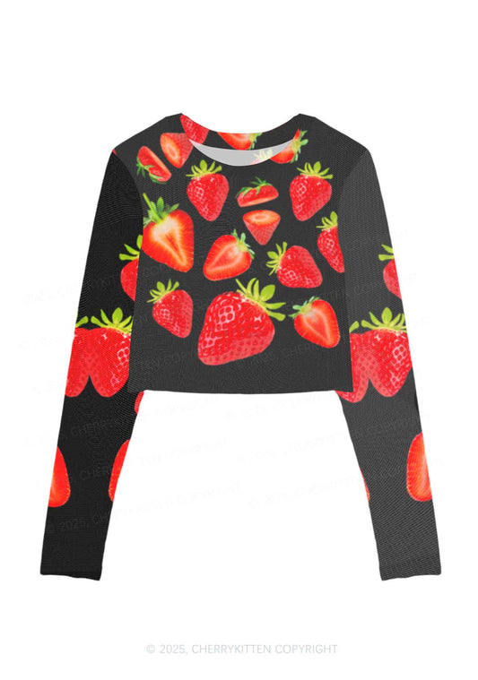 Black Strawberry Y2K Mesh Long Sleeve Crop Top Cherrykitten