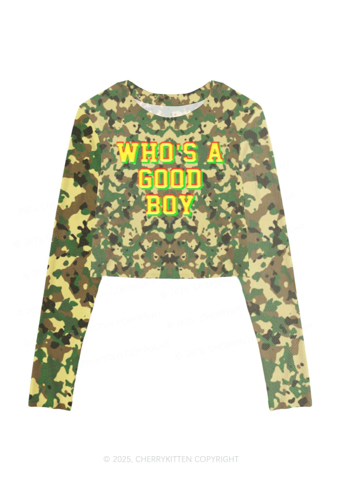 Whos A Good Boy Y2K Mesh Long Sleeve Crop Top Cherrykitten