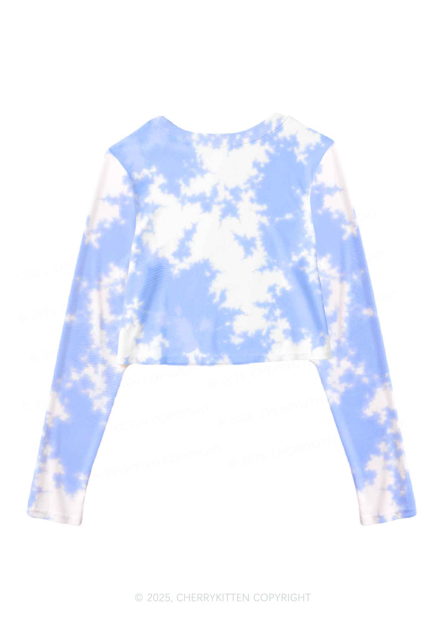 Blue Sky White Clouds Y2K Mesh Long Sleeve Crop Top Cherrykitten