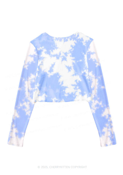 Blue Sky White Clouds Y2K Mesh Long Sleeve Crop Top Cherrykitten
