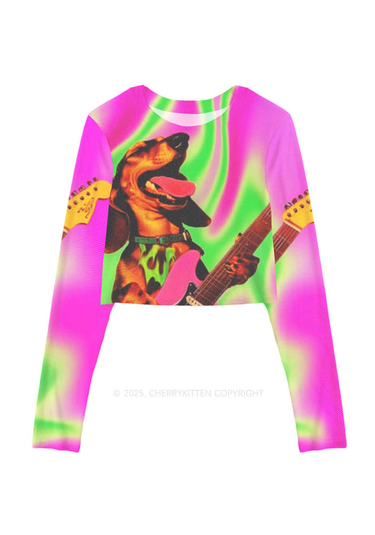 Rocking Puppy Y2K Mesh Long Sleeve Crop Top Cherrykitten