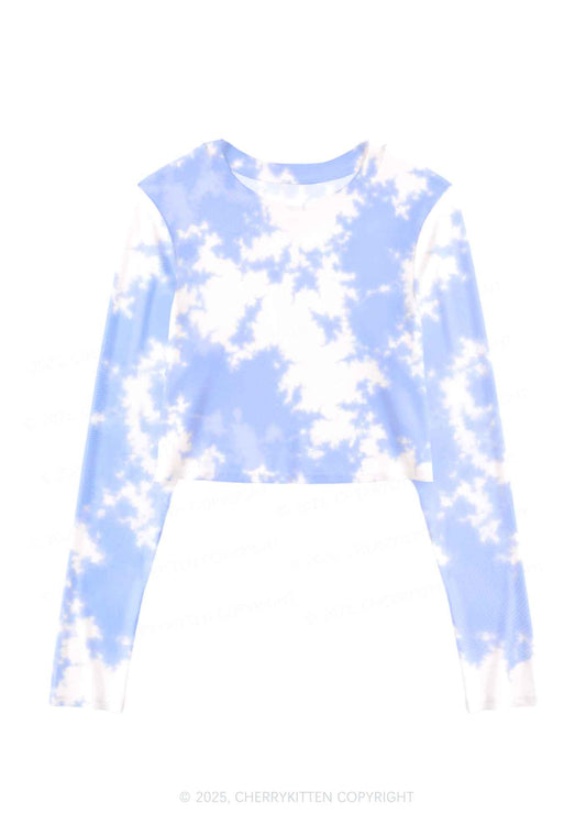 Blue Sky White Clouds Y2K Mesh Long Sleeve Crop Top Cherrykitten