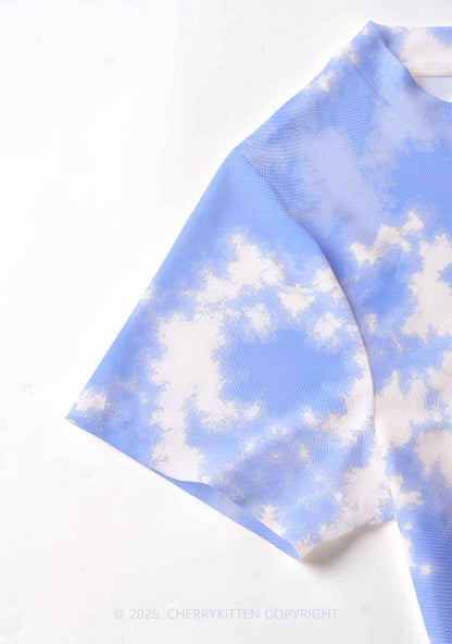 Blue Sky White Clouds Y2K Mesh Crop Top Cherrykitten