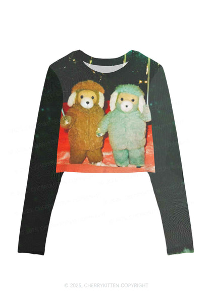 Bear Friends Y2K Mesh Long Sleeve Crop Top Cherrykitten