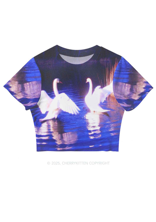 Swans on Water Y2K Mesh Crop Top Cherrykitten