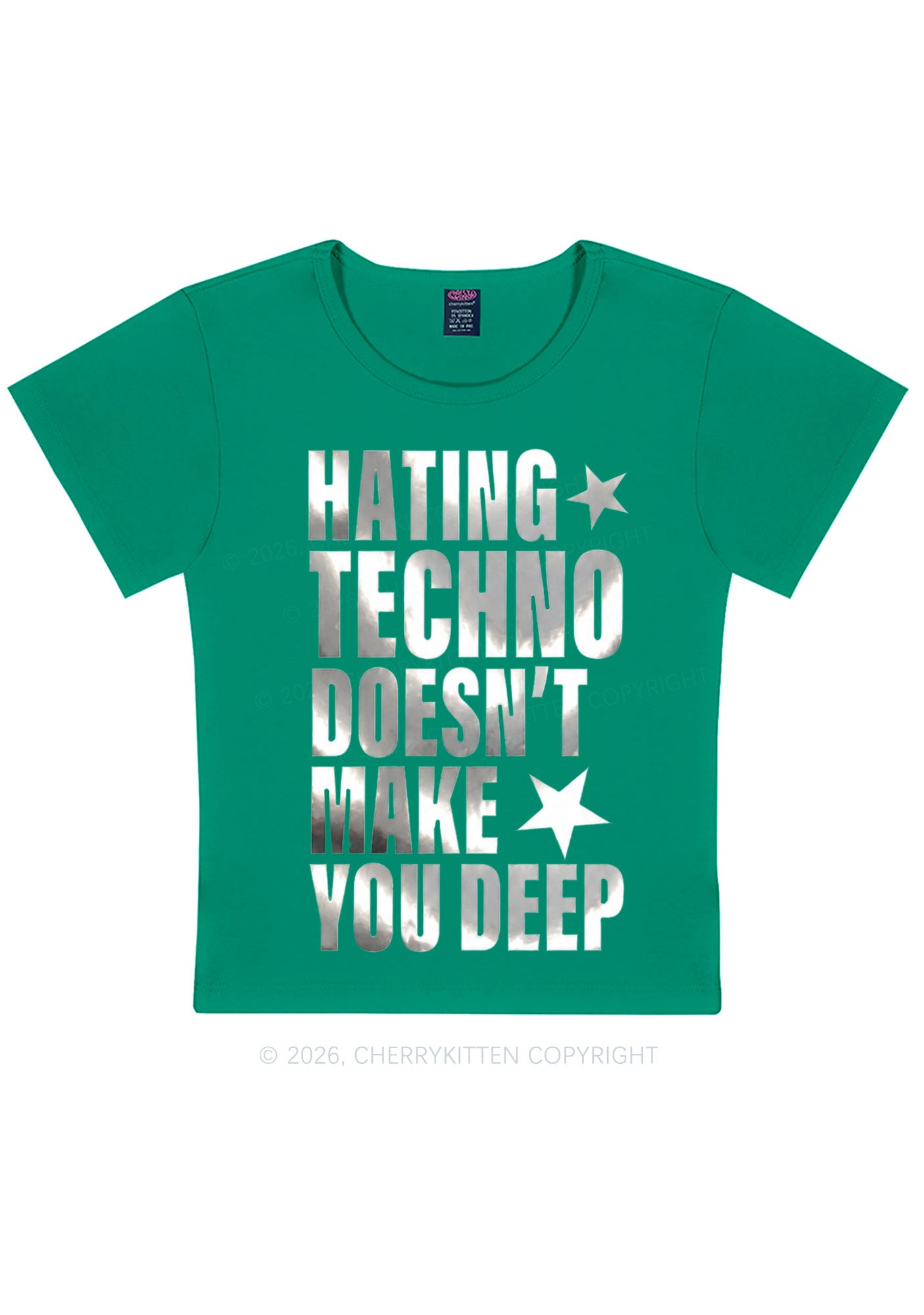 Hating Techno Silver Foil Printed Y2K Baby Tee Cherrykitten