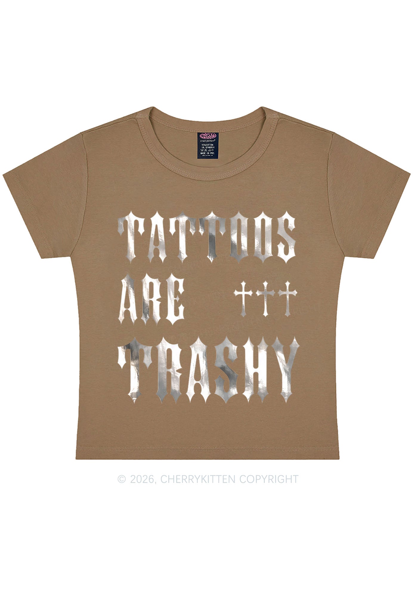 Tattoos Are Trashy Silver Foil Printed Y2K Baby Tee Cherrykitten