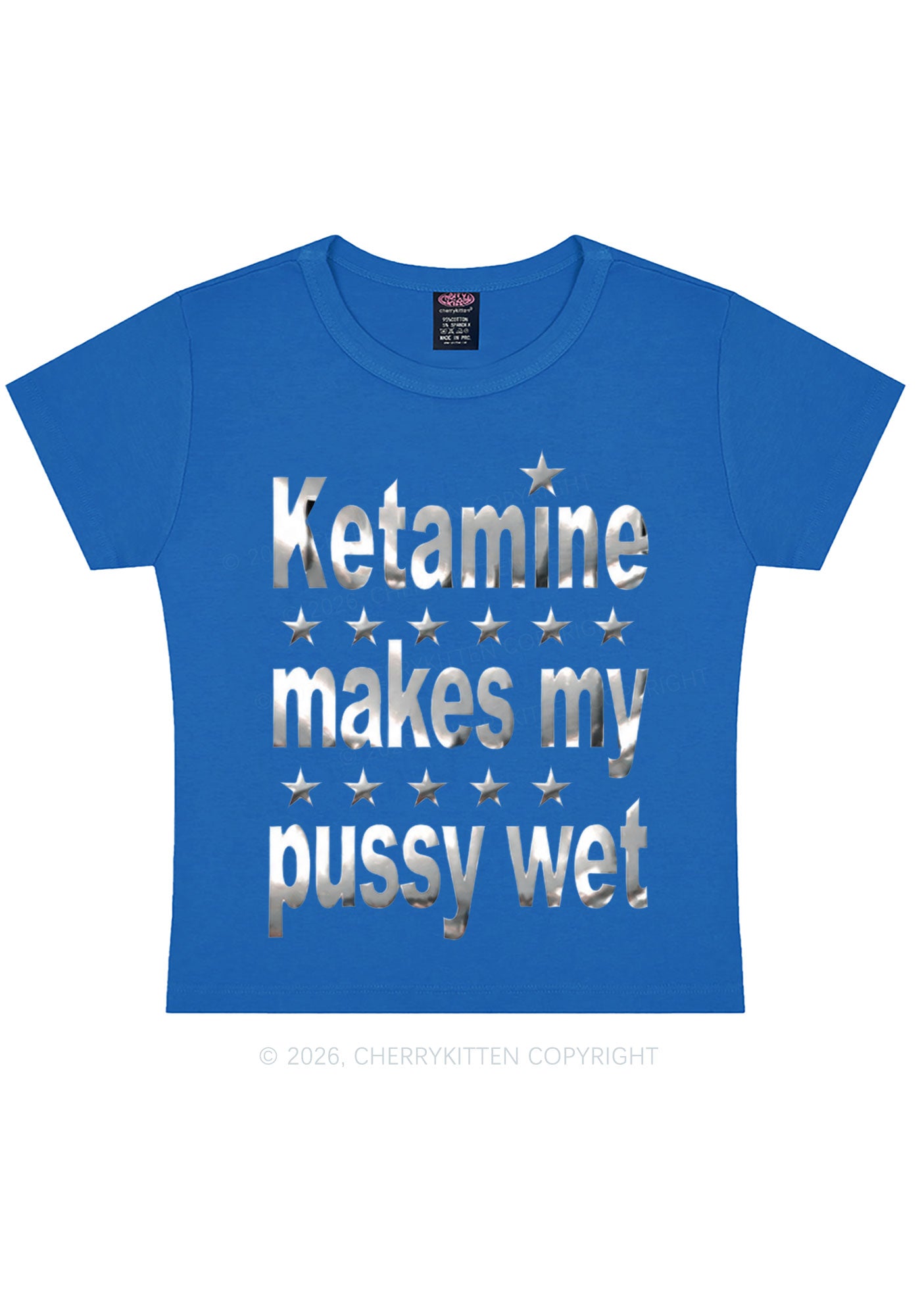K Makes My Puxxy Wet Silver Foil Printed Y2K Baby Tee Cherrykitten