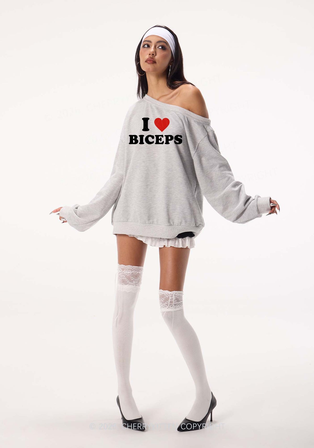 I Love Biceps Y2K Off Shoulder Sweatshirts Cherrykitten