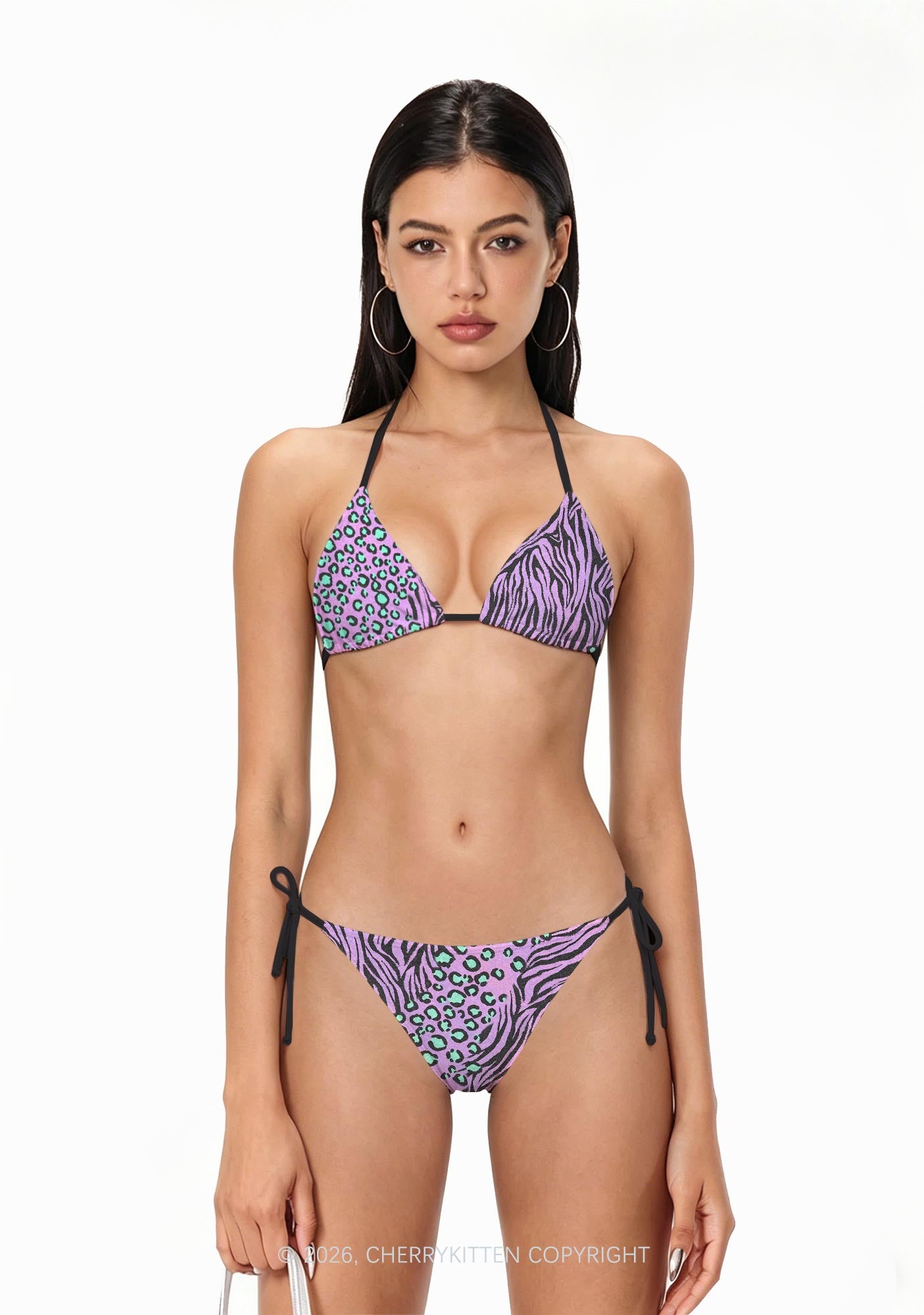 Purple Mixed Zebra Leopard Y2K Print Bikini Set Cherrykitten