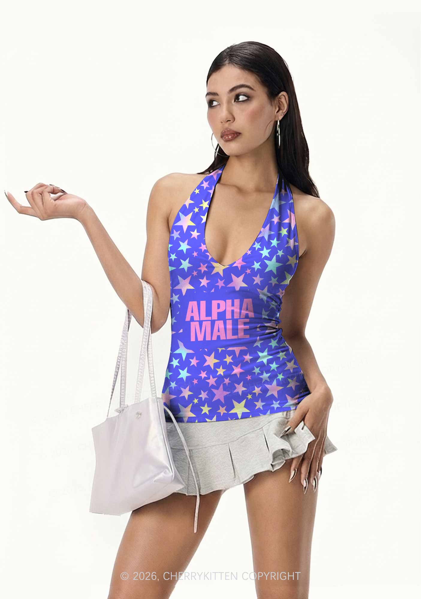 Purple Alpha Male Pride Y2K Print Halter Deep V Neck Cami Cherrykitten