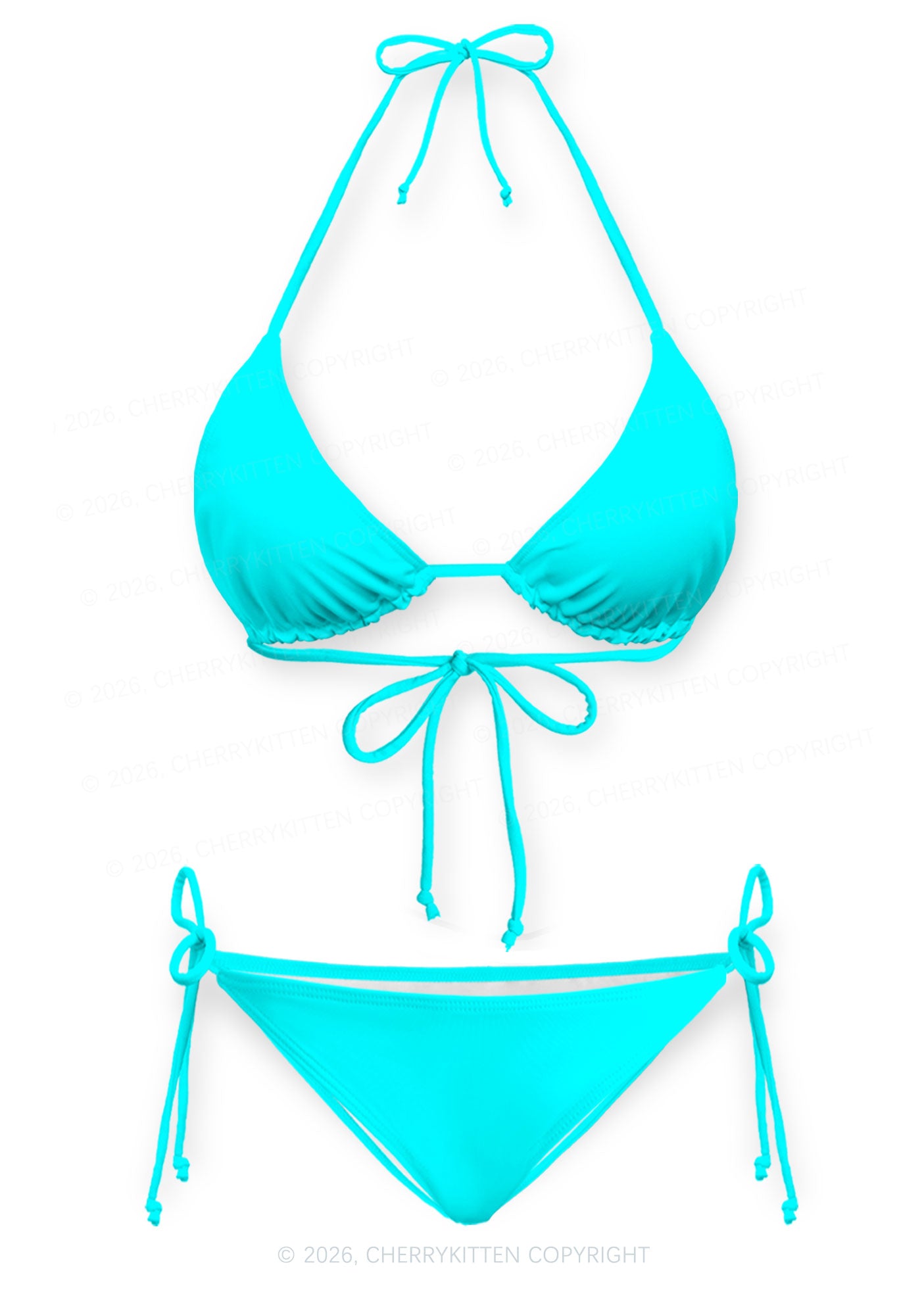 Aqua Blue Plain Y2K Print Bikini Set Cherrykitten