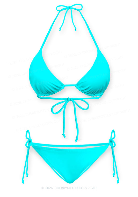 Aqua Blue Plain Y2K Print Bikini Set Cherrykitten