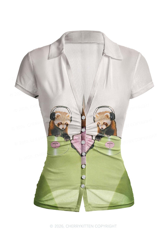 Red Panda DJ Y2K Mesh Ruched  Waist  V Neck Top Cherrykitten