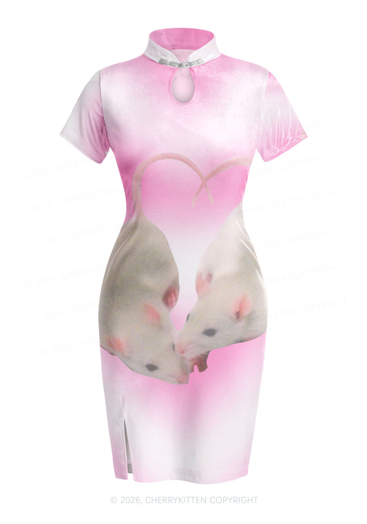 Pink Sweet Rats Valentine's Day Y2K Cheongsam Mini Dress Cherrykitten