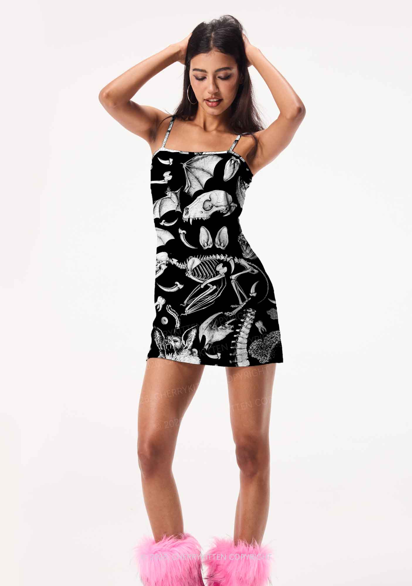 Halloween Goth Animal Bone Skull Y2K Print Slip Dress Cherrykitten