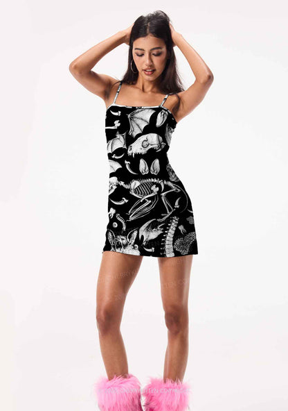 Halloween Goth Animal Bone Skull Y2K Print Slip Dress Cherrykitten