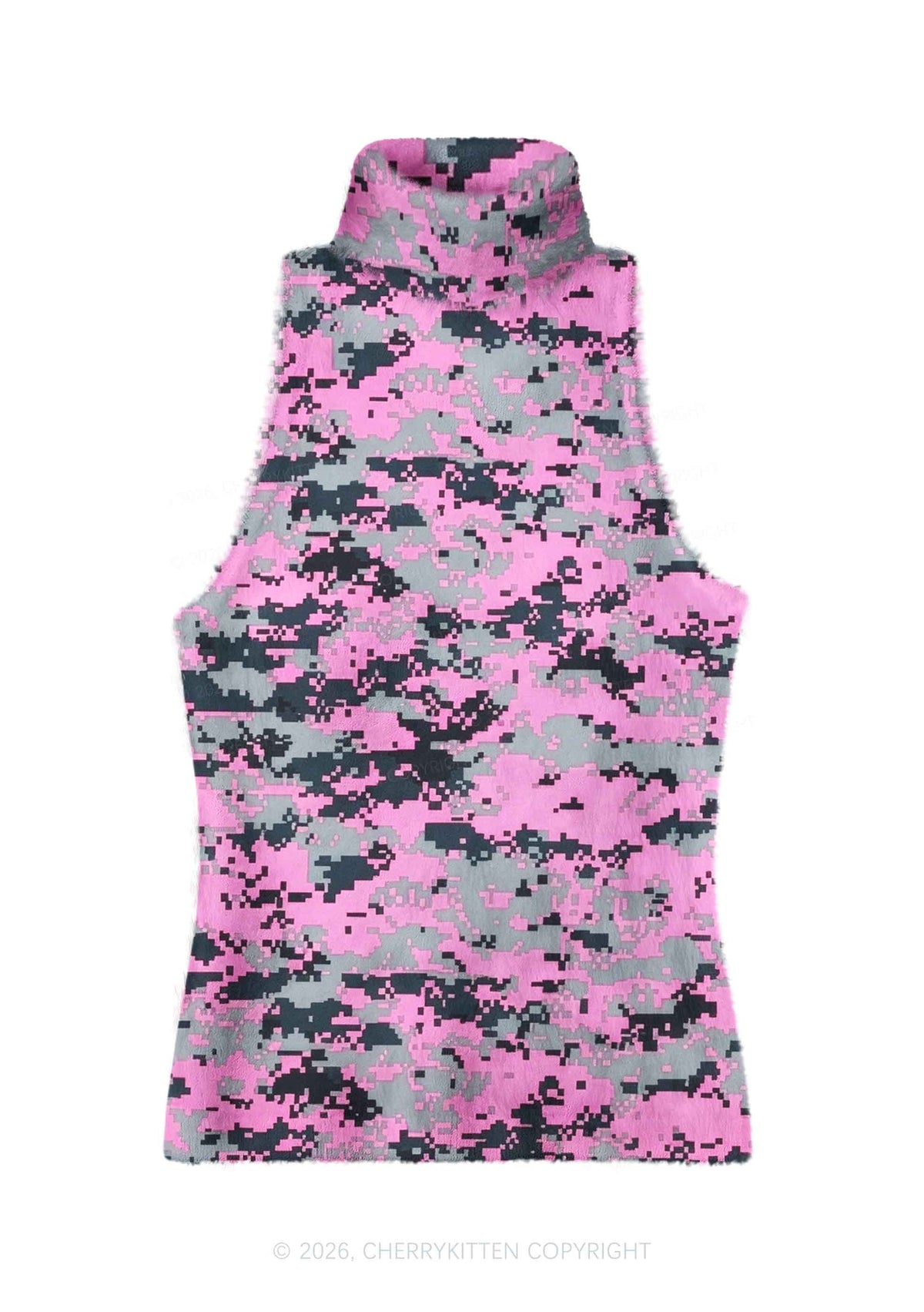 Pink Pixel Camo Y2K Knit Turtleneck Tank Top Cherrykitten