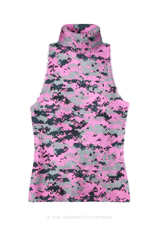 Pink Pixel Camo Y2K Knit Turtleneck Tank Top Cherrykitten
