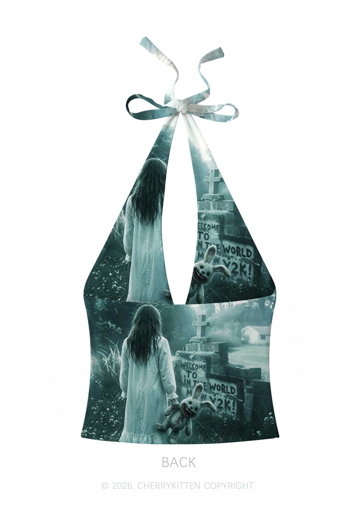 Halloween Graveyard Bunny Doll Y2K Print Halter Deep V Neck Cami Cherrykitten