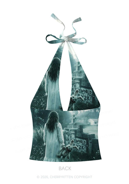 Halloween Graveyard Bunny Doll Y2K Print Halter Deep V Neck Cami Cherrykitten