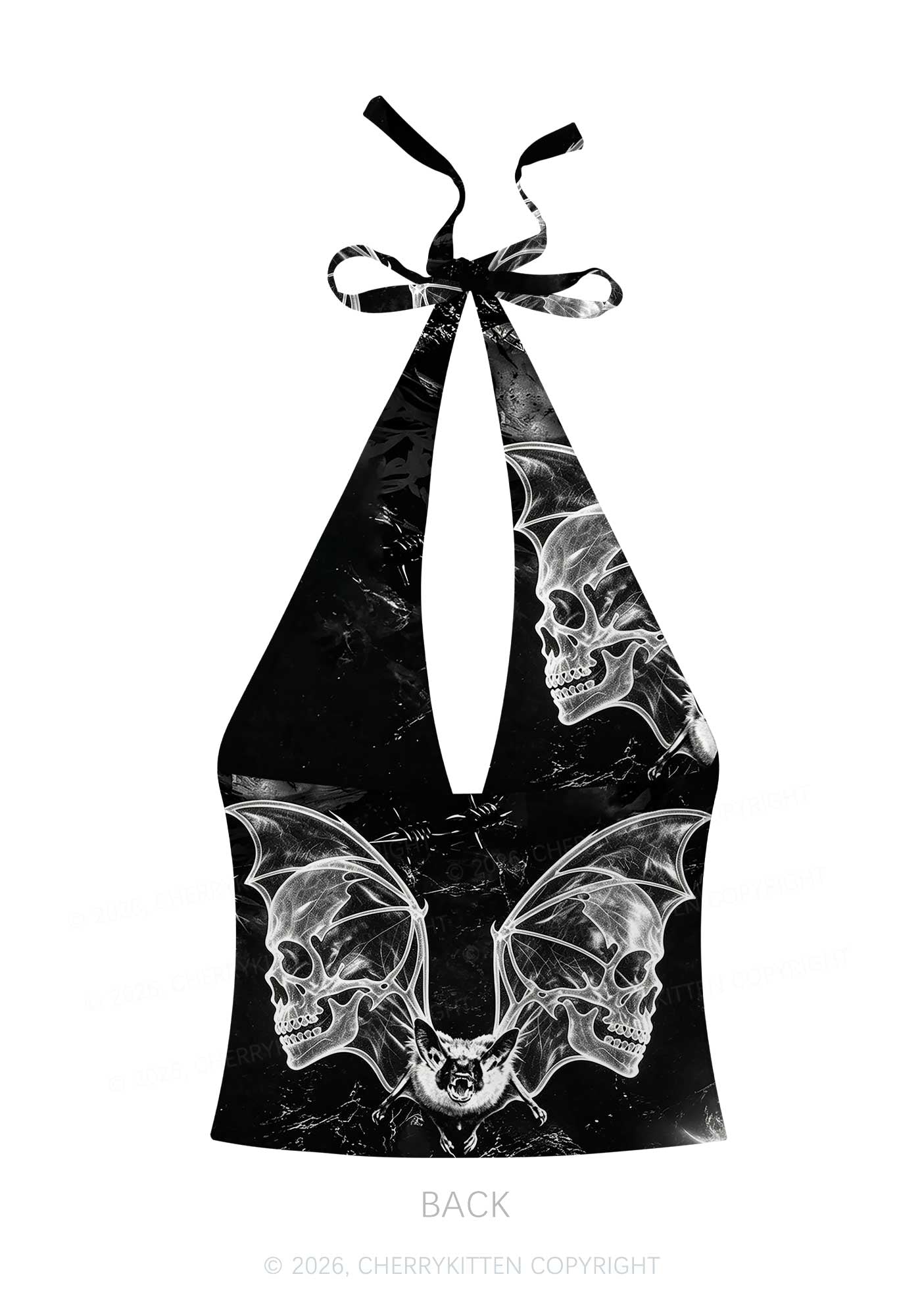 Halloween Bat Skeleton Wings Y2K Print Halter Deep V Neck Cami Cherrykitten