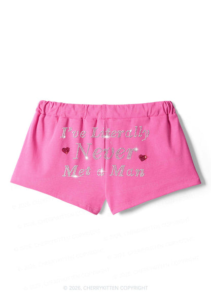 Rhinestone Never Met A Man Pride Y2K Drawstring Mini Shorts Cherrykitten