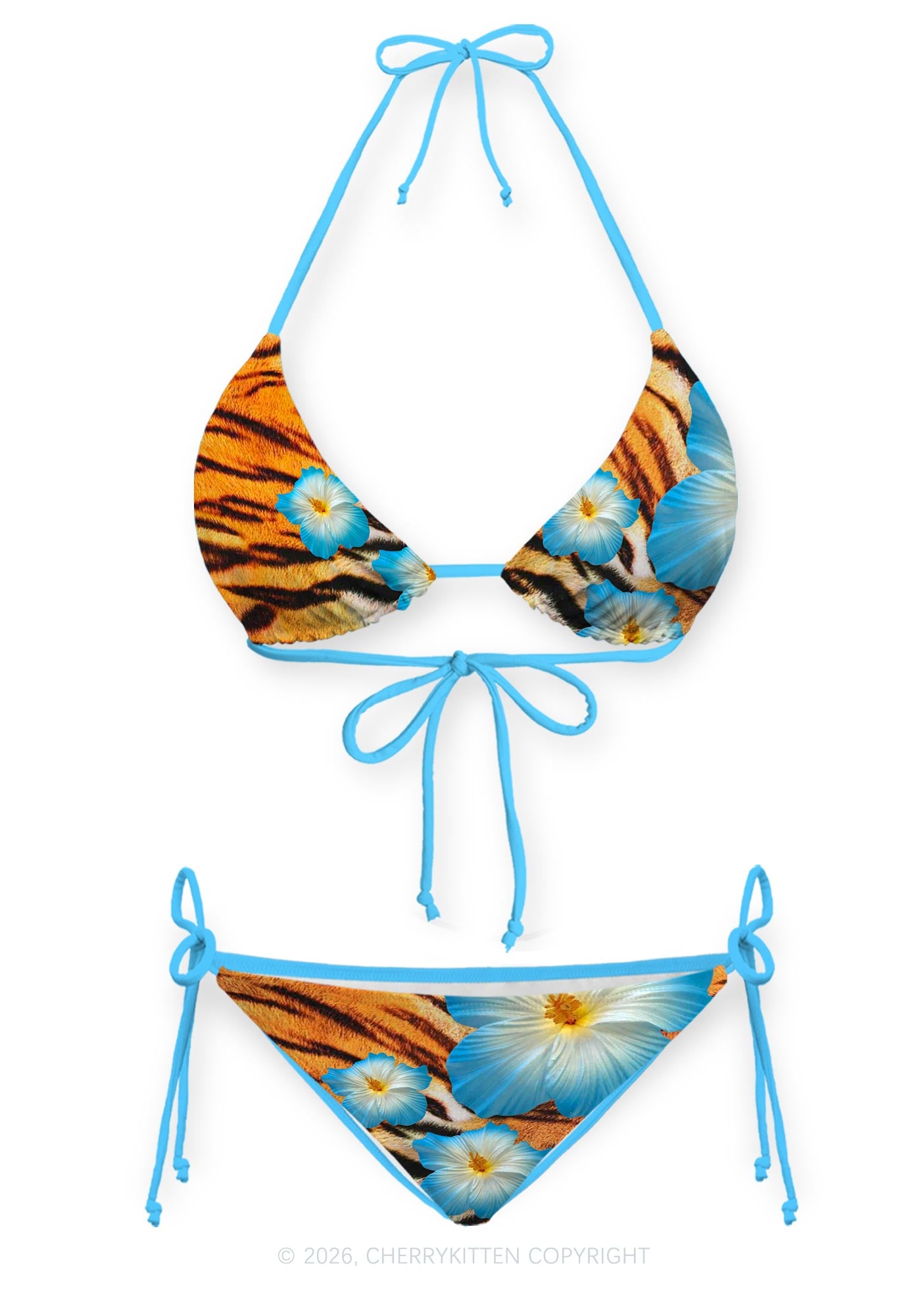 Tiger Stripe Blue Hibiscus Floral Y2K Print Bikini Set Cherrykitten