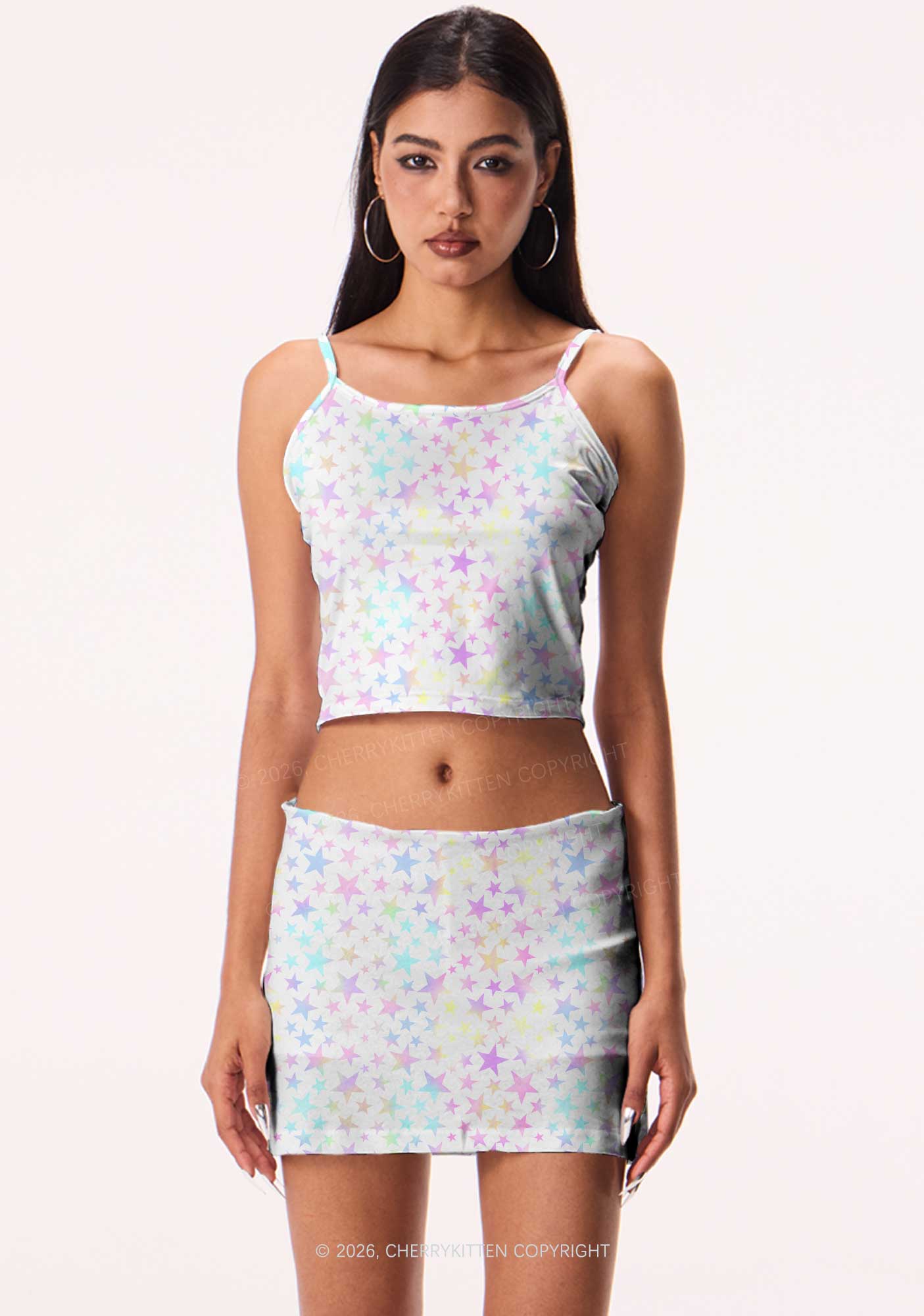 Rainbow Star On White Y2K Print Cami Crop Top Cherrykitten