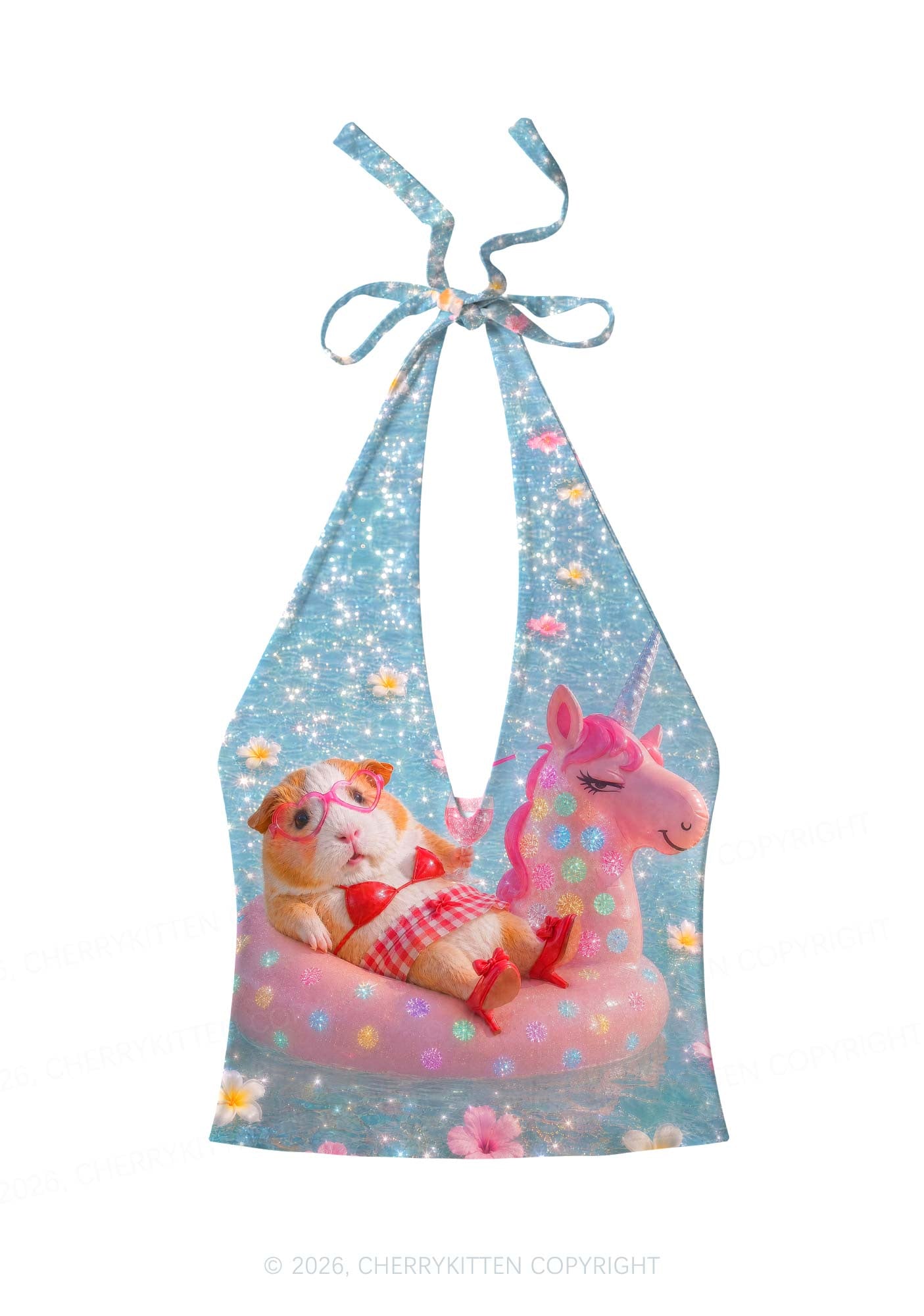 Guinea Pig On Unicorn Y2K Print Halter Deep V Neck Cami Cherrykitten