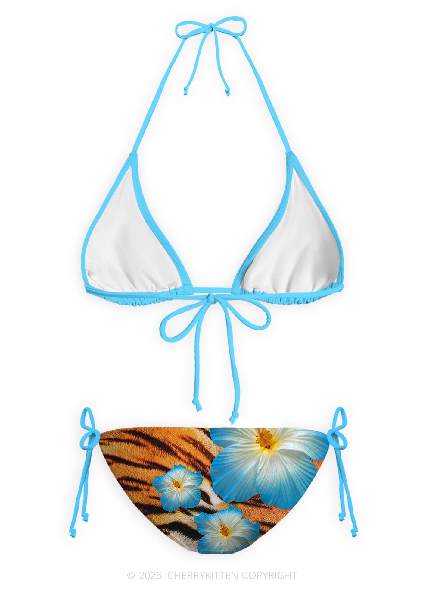 Tiger Stripe Blue Hibiscus Floral Y2K Print Bikini Set Cherrykitten