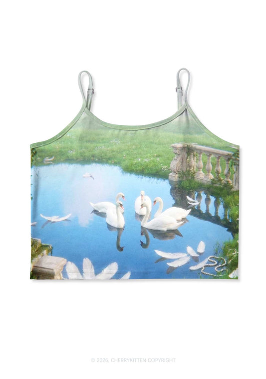 Pastoral Swan Y2K Print Cami Crop Top Cherrykitten
