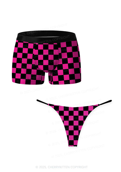 Black And Pink Check Valentine's Day Y2K Print Couples Boxer Thong Set Cherrykitten