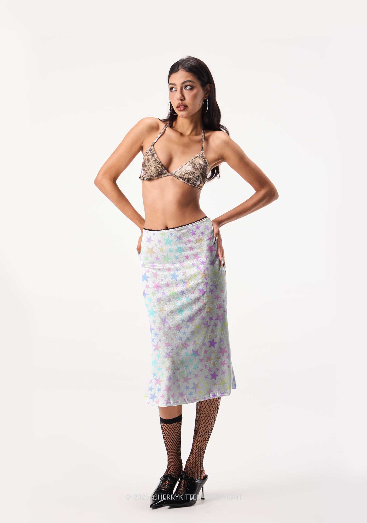 Rainbow Star On White Y2K Print Midi Skirt Cherrykitten