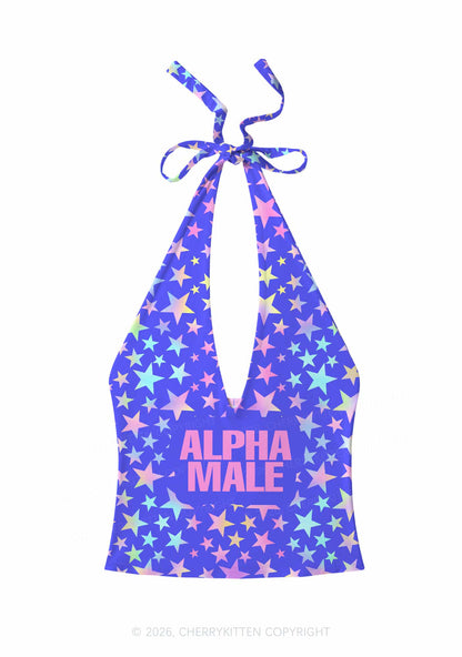 Purple Alpha Male Pride Y2K Print Halter Deep V Neck Cami Cherrykitten