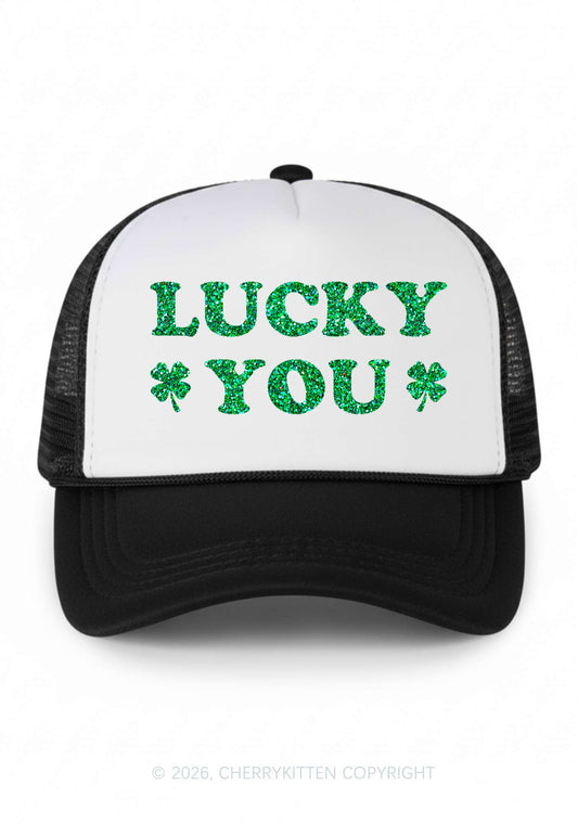 Glitter Lucky Green St Patricks Y2K Colorblock Trucker Hat Cherrykitten