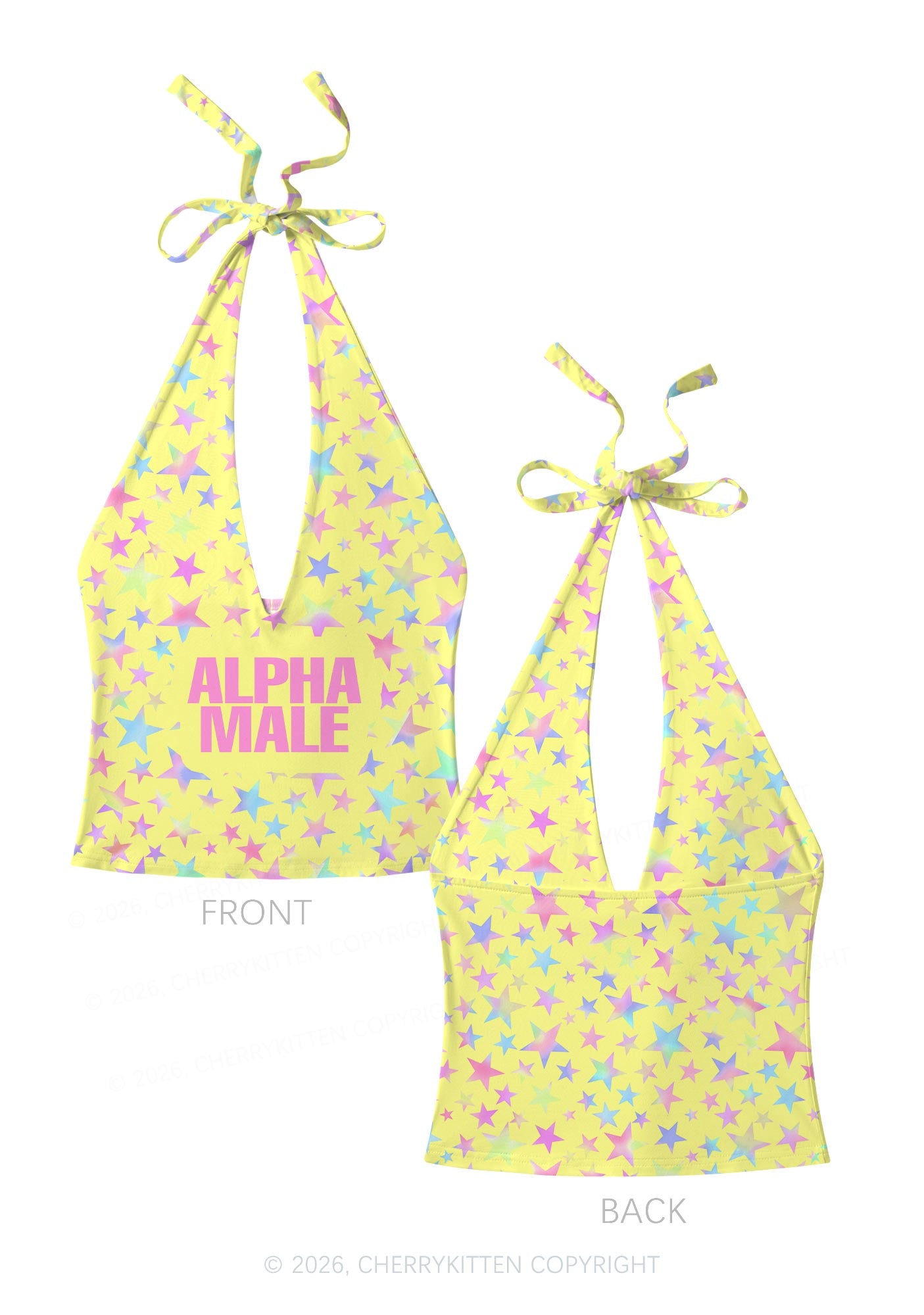 Pale Yellow Alpha Male Pride Y2K Print Halter Deep V Neck Cami Cherrykitten