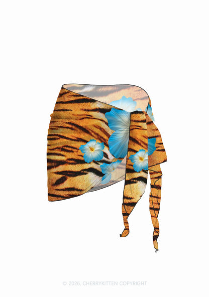 Tiger Stripe Blue Hibiscus Floral Y2K Print Bikini Set Cherrykitten