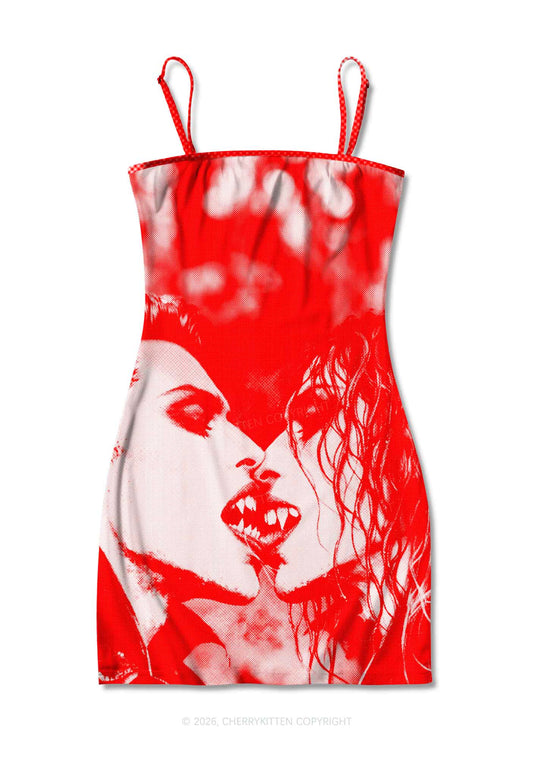 Halloween Red Pixels Vampire Couple Y2K Print Slip Dress Cherrykitten