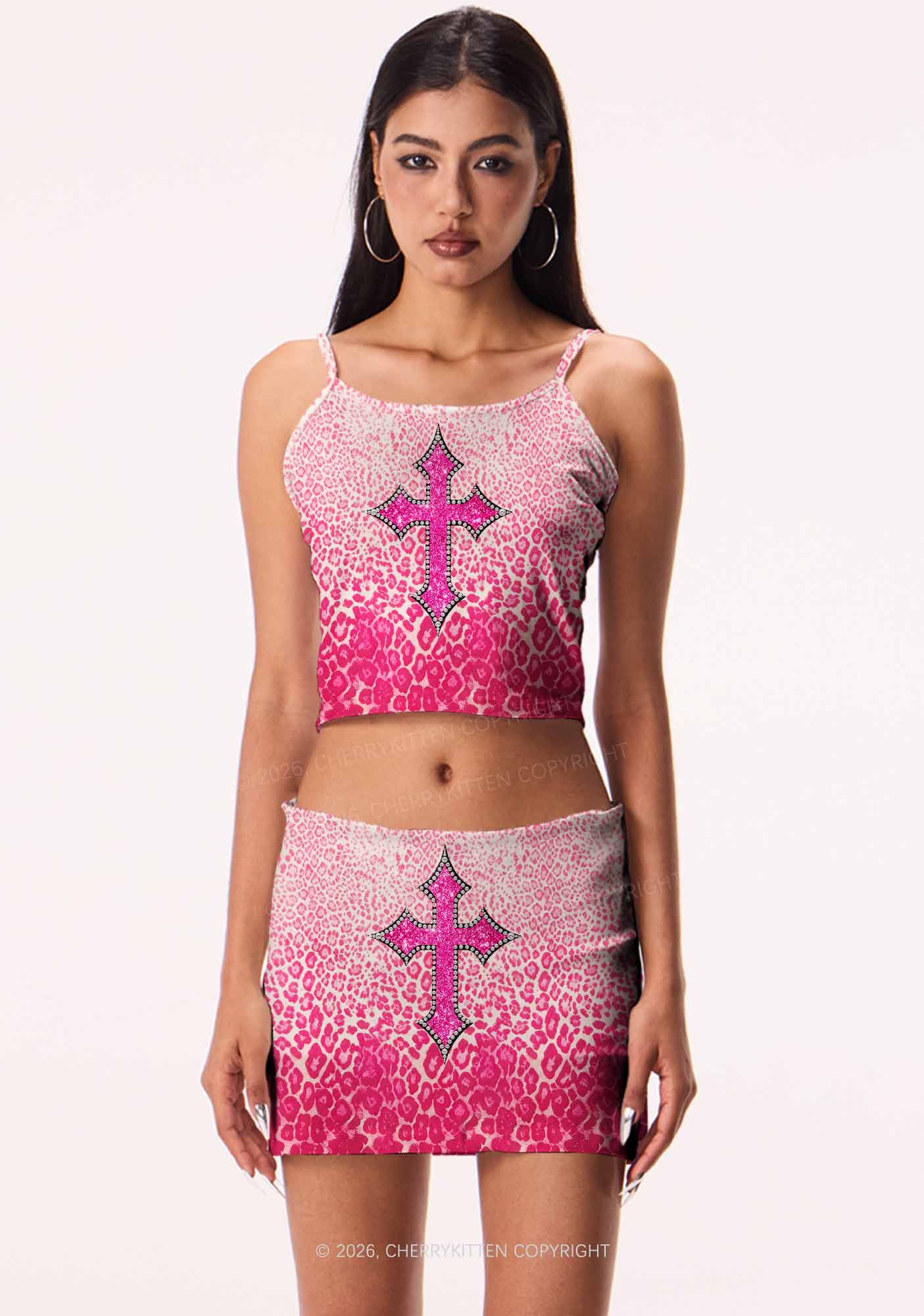 Halloween Pink Leopard Cross Y2K Print Mini Skirt Cherrykitten