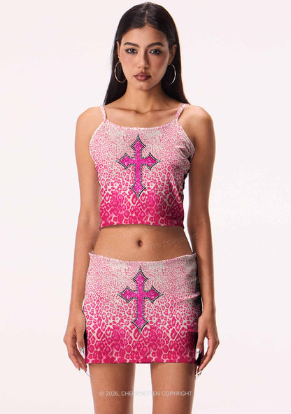 Halloween Pink Leopard Cross Y2K Print Mini Skirt Cherrykitten