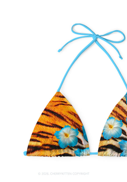 Tiger Stripe Blue Hibiscus Floral Y2K Print Bikini Set Cherrykitten