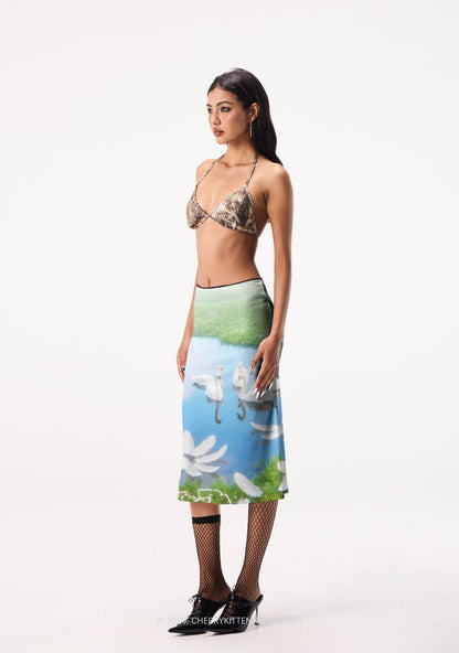 Pastoral Swan Y2K Print Midi Skirt Cherrykitten
