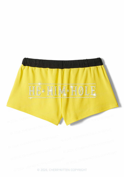 Rhinestone He Him Hole Pride Y2K Drawstring Mini Shorts Cherrykitten
