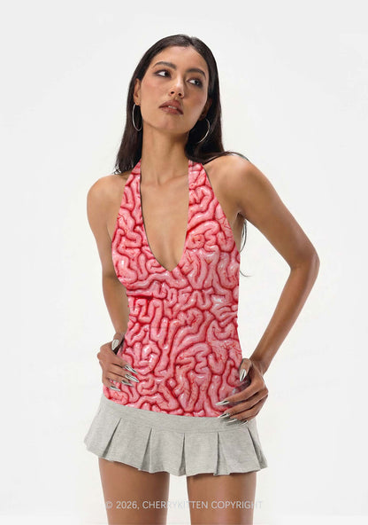 Halloween Fleshy Brain Texture Y2K Print Halter Deep V Neck Cami Cherrykitten