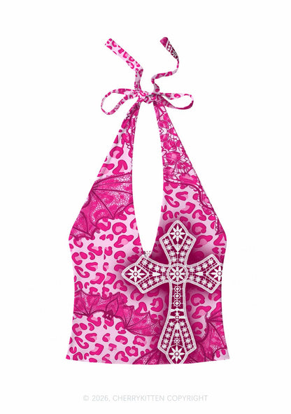 Halloween Pink Leopard Bat Cross Y2K Print Halter Deep V Neck Cami Cherrykitten
